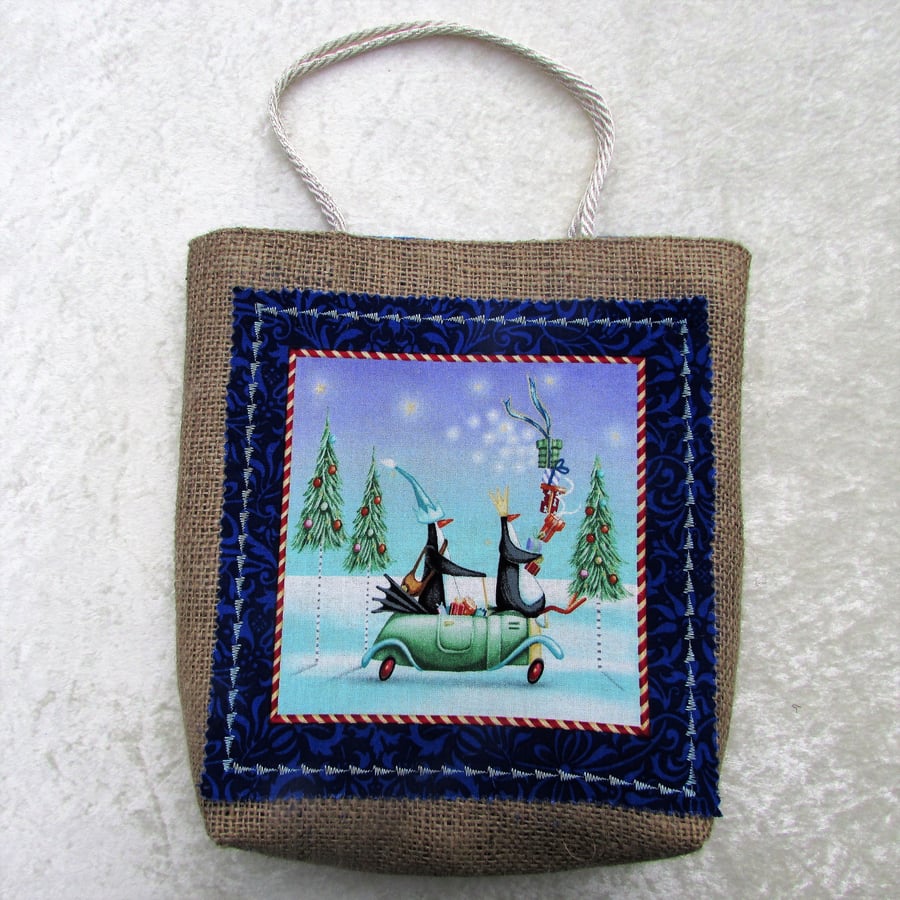 SALE - Christmas gift bag in hessian with fabric panel - penguins in a car