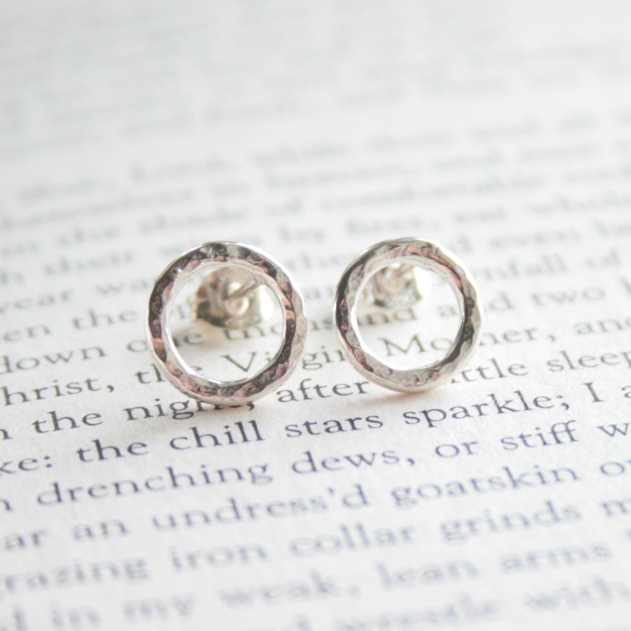 Circle earrings, hammered silver stud earrings, sterling silver earrings