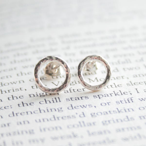 Hammered silver circle stud earrings, handmade sterling silver earrings