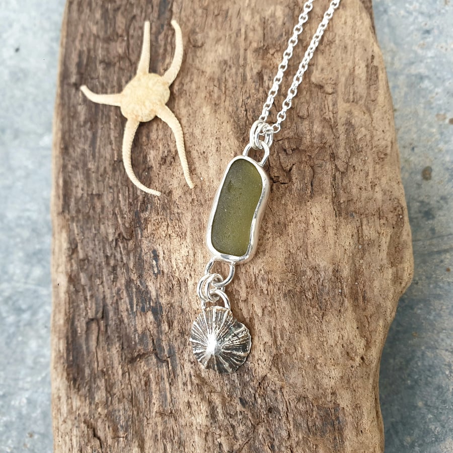 Sterling silver seaglass and limpet shell pendant