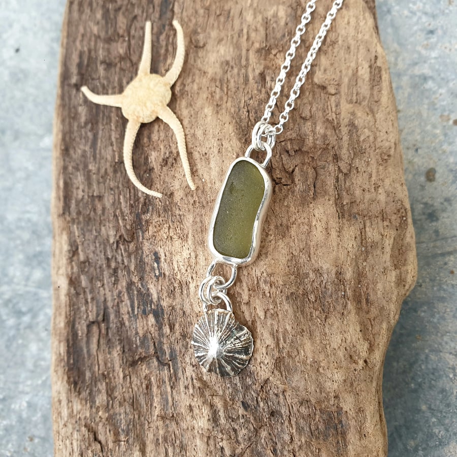 Sterling silver seaglass and cockle shell pendant