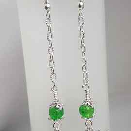 Gorgeous Dangly Green Butterfly Earrings - Silver Tones.