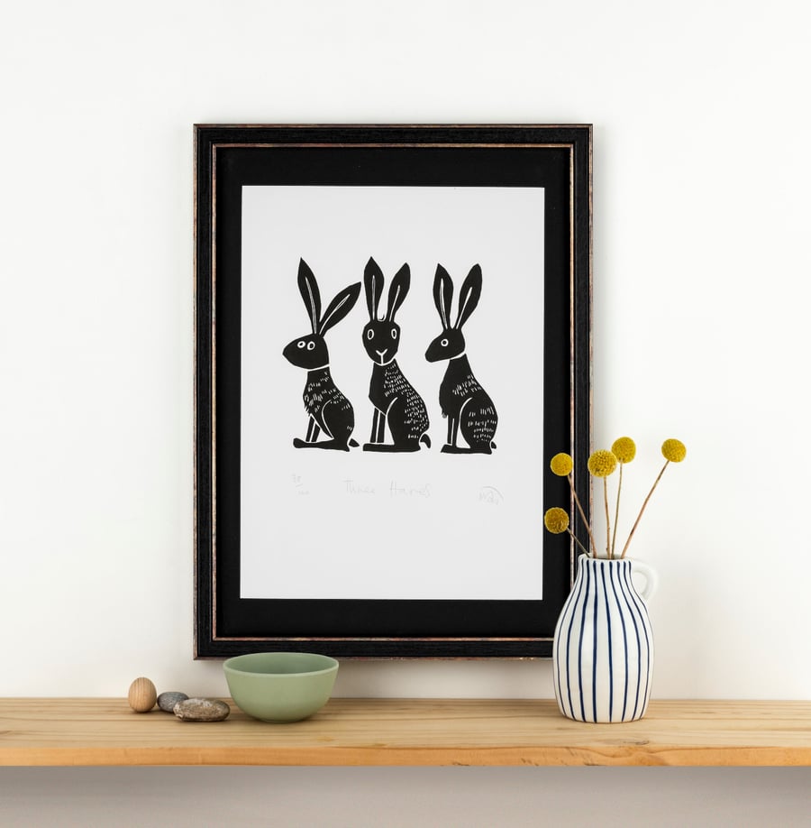 Three Hares - lino print