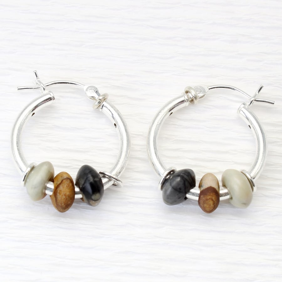 Picasso Jasper 3 stone sleeper earrings, sterling silver hoop earrings, natural