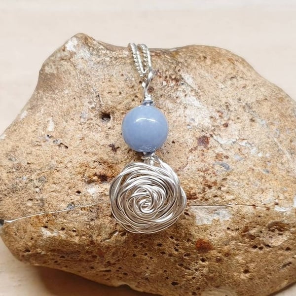 Wire Rose Blue Angelite Pendant necklace. Reiki jewelry