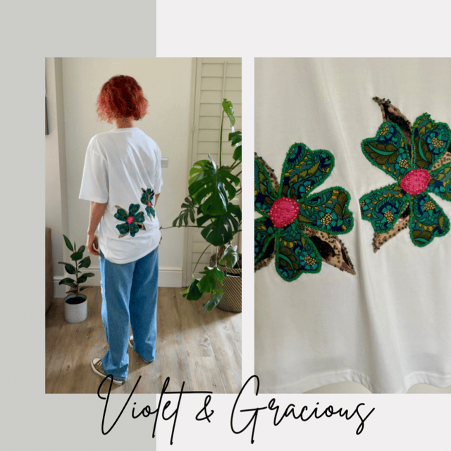 Handmade Cherry Blossom  T-shirt . White . Applique . size M