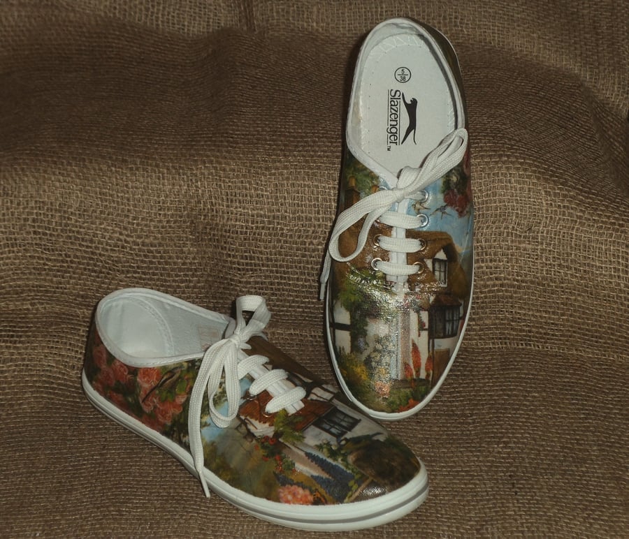 Decorated Canvas Shoes SIZE 5 (38) Country Cottage Individual Unique Decoupage 