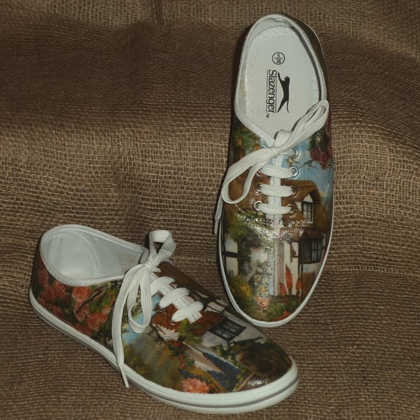 Decorated Canvas Shoes SIZE 5 (38) Country Cottage Individual Unique Decoupage 