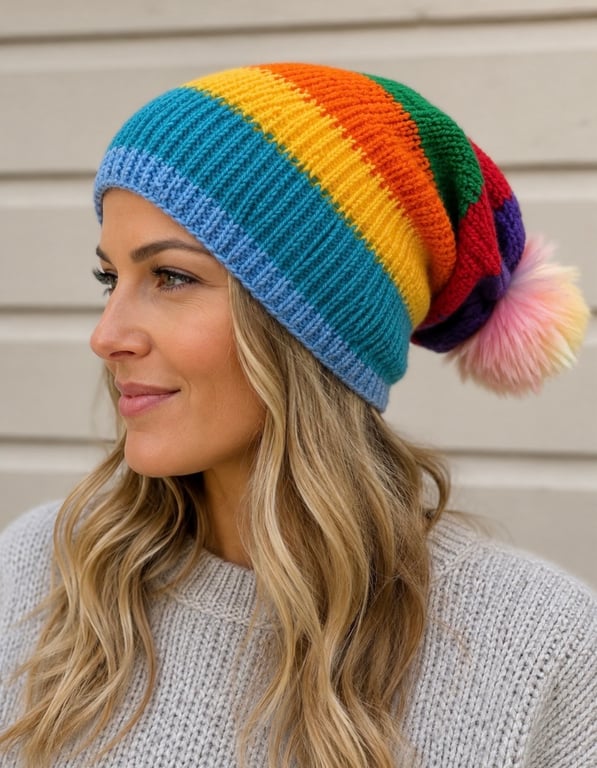 Bright Rainbow Slouchy Beanie with Detachable Faux Fur Pom Pom