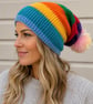 Bright Rainbow Slouchy Beanie with Detachable Faux Fur Pom Pom