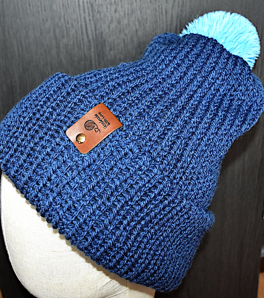 Handcrafted Hat with Faux Rabbit Fur Pompom Navy Coloured