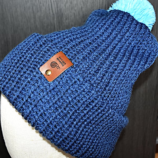 Handcrafted Hat with Faux Rabbit Fur Pompom Navy Coloured