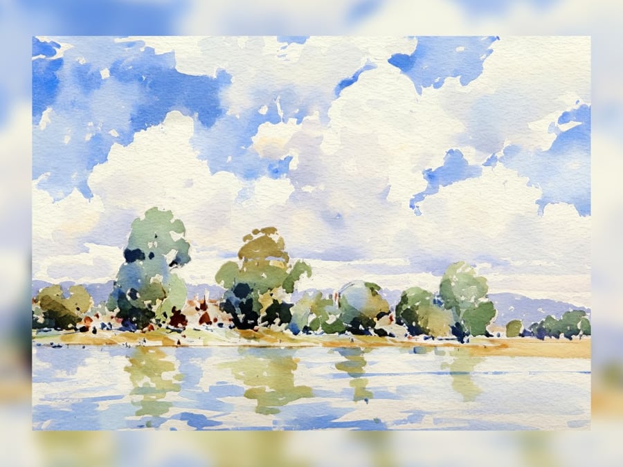 Tranquil Waters Reflection, Serene Watercolor Landscape 5"x7" Matte Print