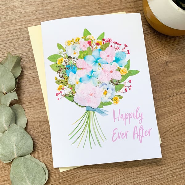 Pressed Flower Happily Ever After Card Print Congrats Wedding Card For Newlyweds