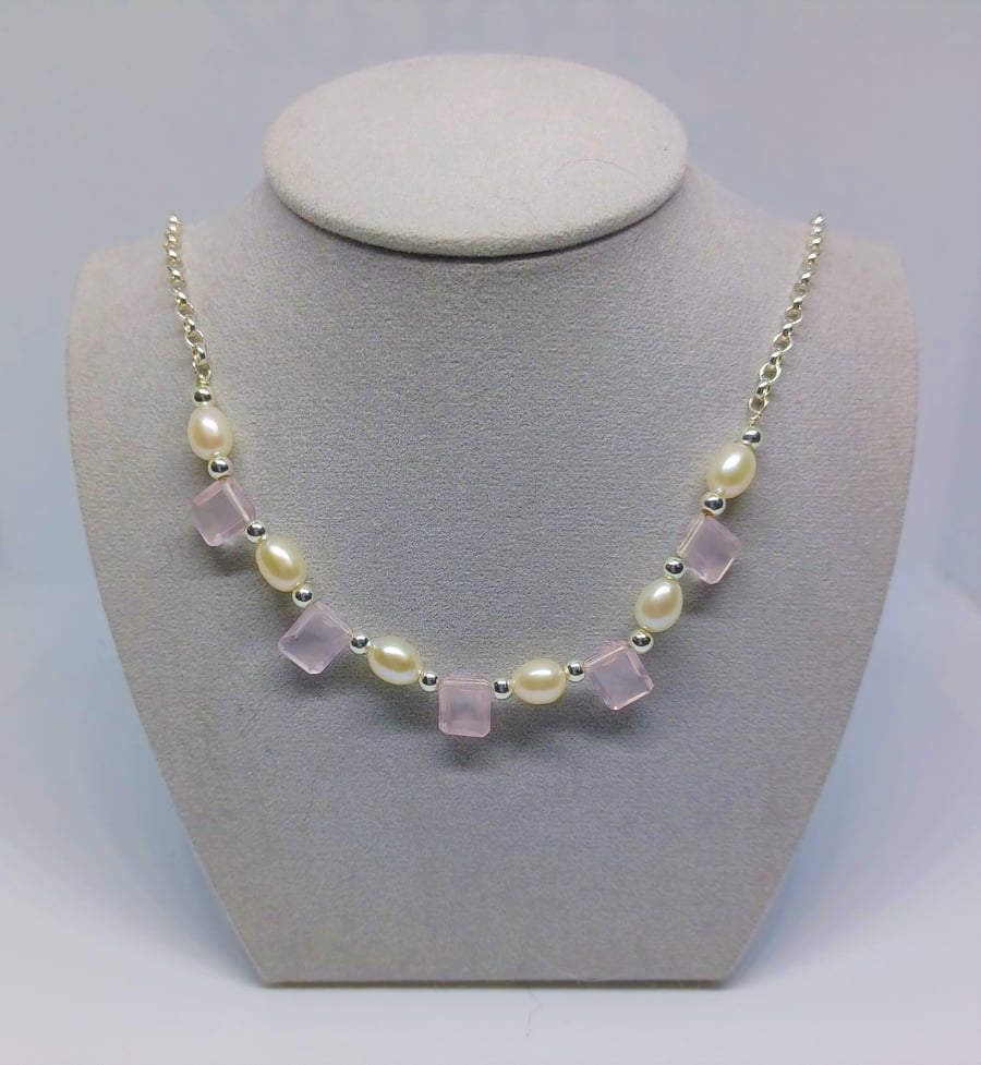 Rose Quartz and White Pearl Sterling Silver Necklace, Bride Jewellery, Bridesmai