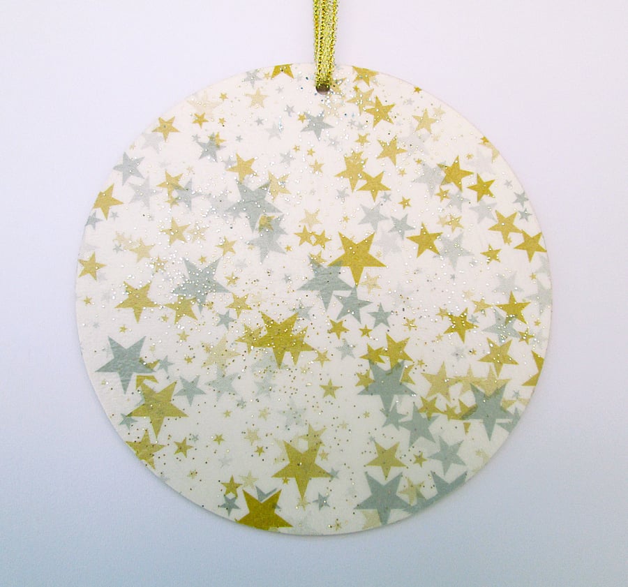 Christmas gold and silver stars wood decoupage hanging decoration