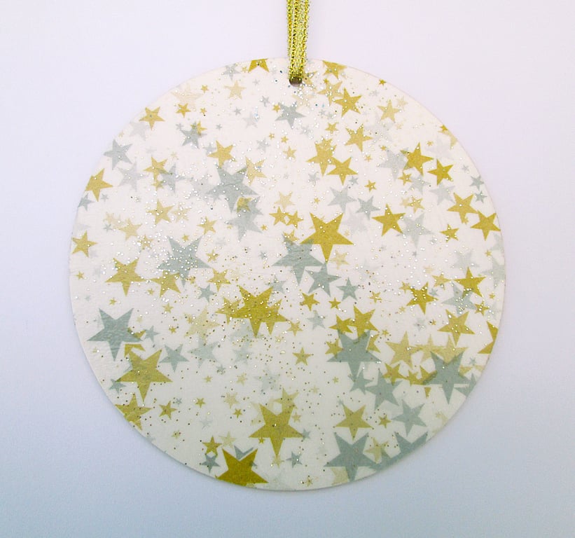 Christmas gold and silver stars wood decoupage hanging decoration