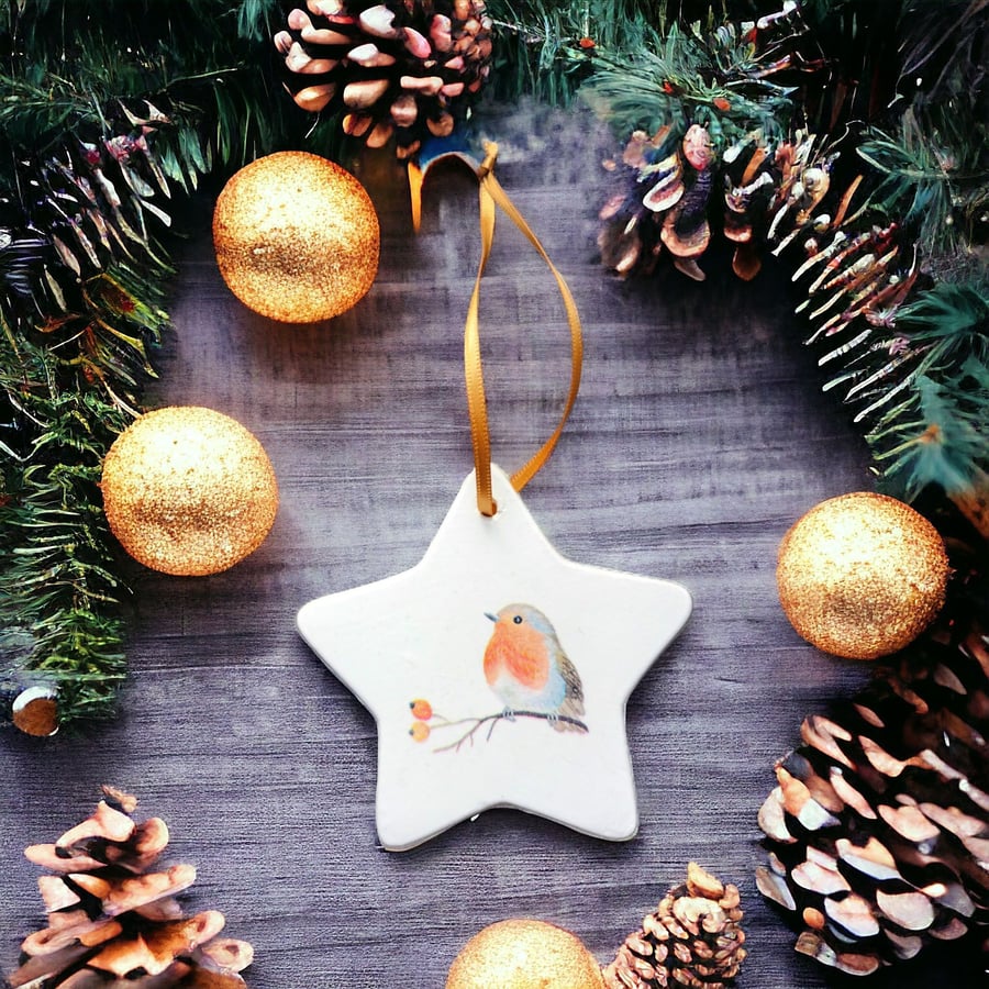 Robin Ceramic Star Double Sided Hanging Christmas Decoration 