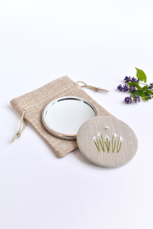 Snowdrop Pocket Mirror, hand embroidered mirror, hand mirror, compact mirror