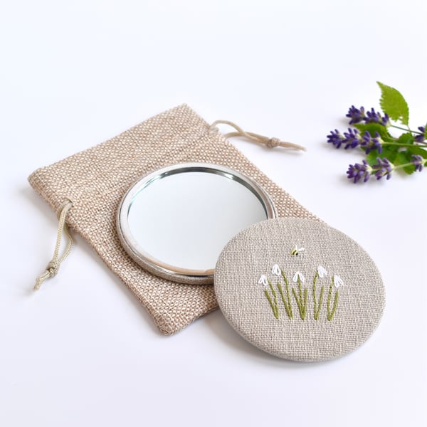 Snowdrop Pocket Mirror, hand embroidered mirror, hand mirror, compact mirror