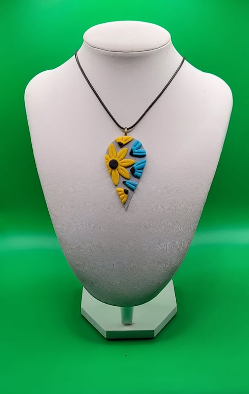 Handmade Polymer Clay Teardrop Necklace, Bold Colourful Artisan Jewellery (60 mm