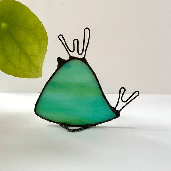 Streaky green stained glass birds with funky hairstyles, Bird with Attitude 