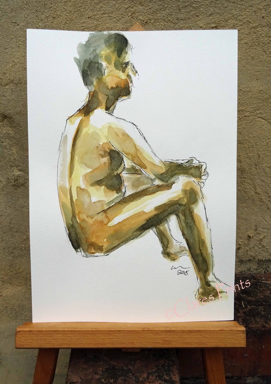 Seated Nude Man Original Painting Art 