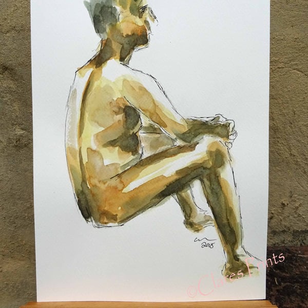 Seated Nude Man Original Painting Art 