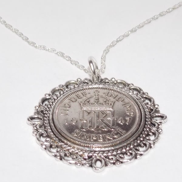 Fancy Pendant 1947 Lucky sixpence 77th Birthday plus a Sterling Silver 22in Chai