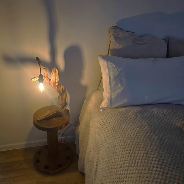 Rustic flowing wooden bedside lamp