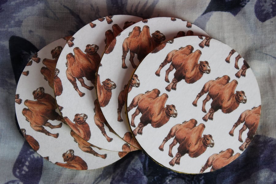 SALE ITEM - Bactrian Camel Pattern Handmade Wooden Round Drinks Coaster