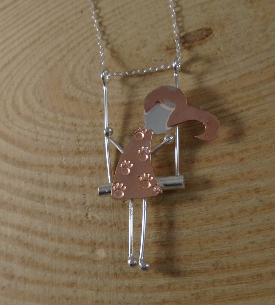 Sterling Silver and Copper Girl On A Swing Necklace