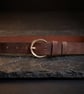 Patina Brown Full Grain Leather Belt Gold-Tone Round Buckle Womens Belt 25mm