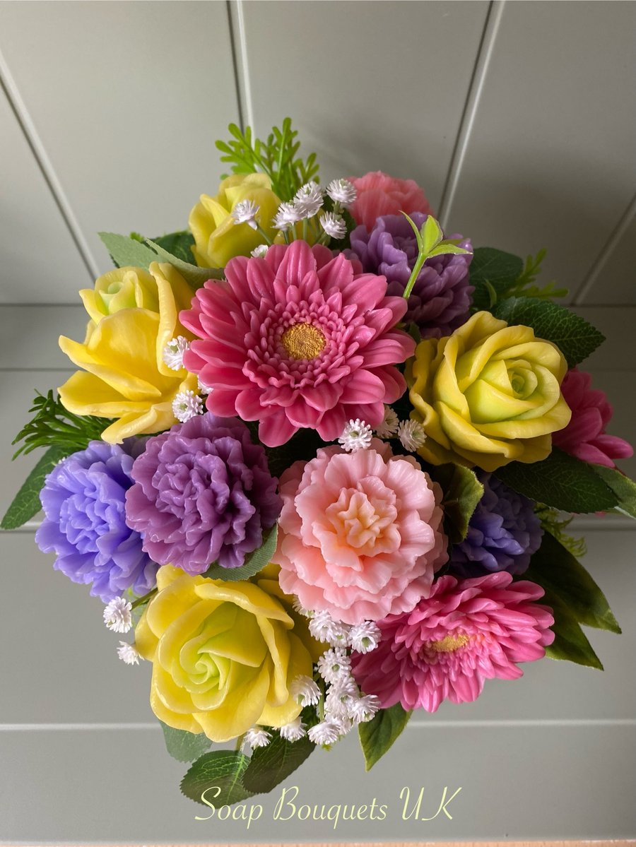 Scented Soap Bouquet: Roses, Carnations, Gerbera Daisies. Unusual Gift Idea