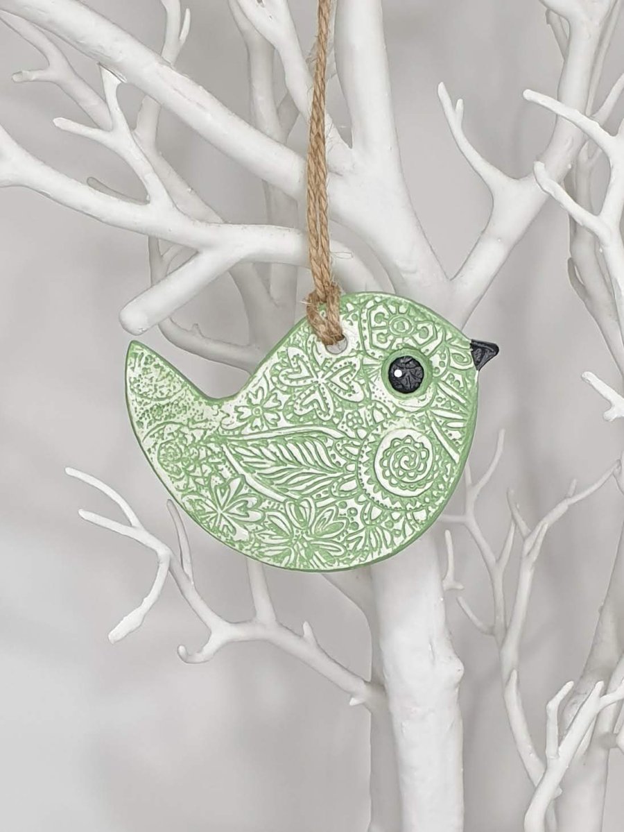 Clay bird hanging decoration, pretty pale green gift for her 