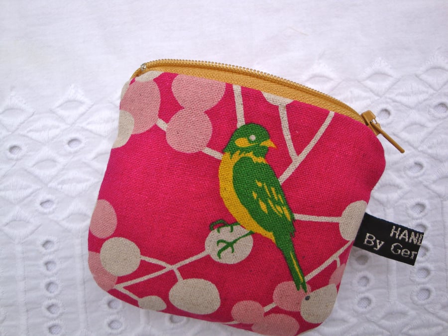Coin zipper purse - linen - cotton - bird.