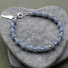 Sterling Silver Angelite Semi Precious Gemstone Bracelet With Angel Wing Charm