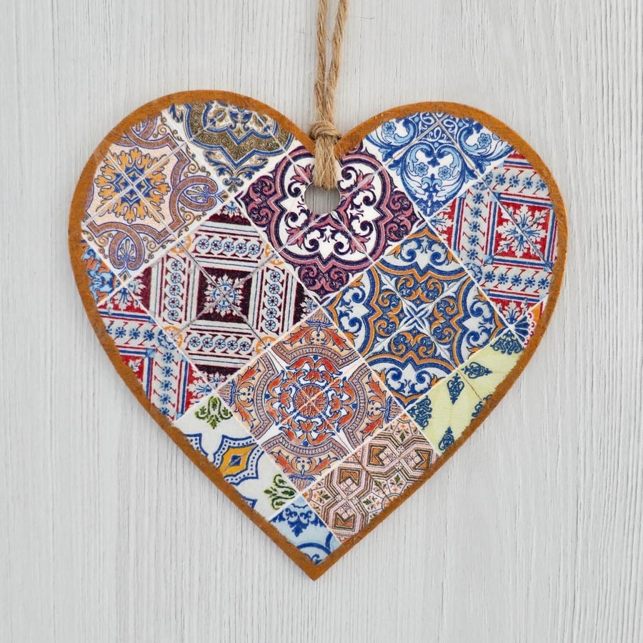 Decoupaged Wooden Hanging Heart 15cm (6”): Tile Effect design