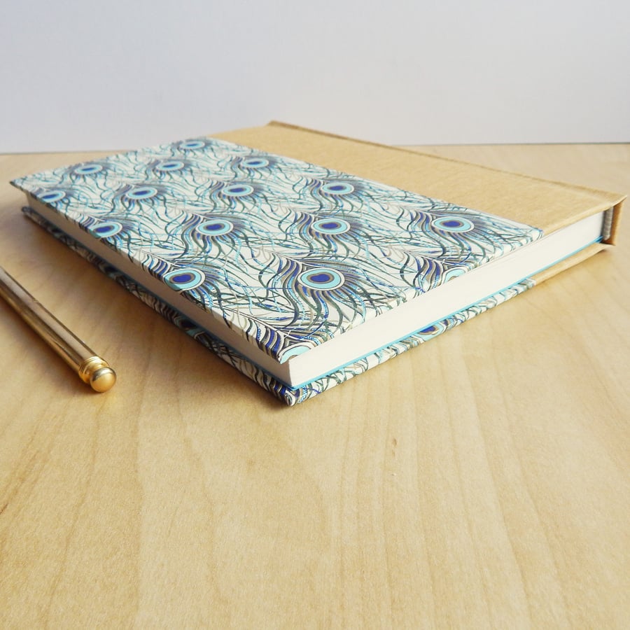 Peacock Journal - Hand made notebook with peacock feathers & golden cloth edge  