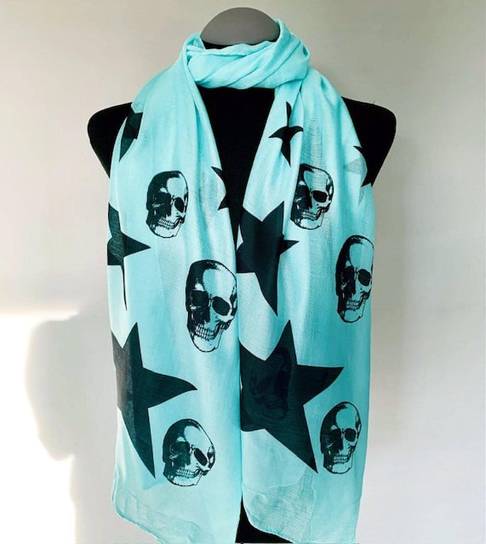 Skulls and Stars Scarf Gothic Punk Fashion Accessory. Aqua Green. Lightweight