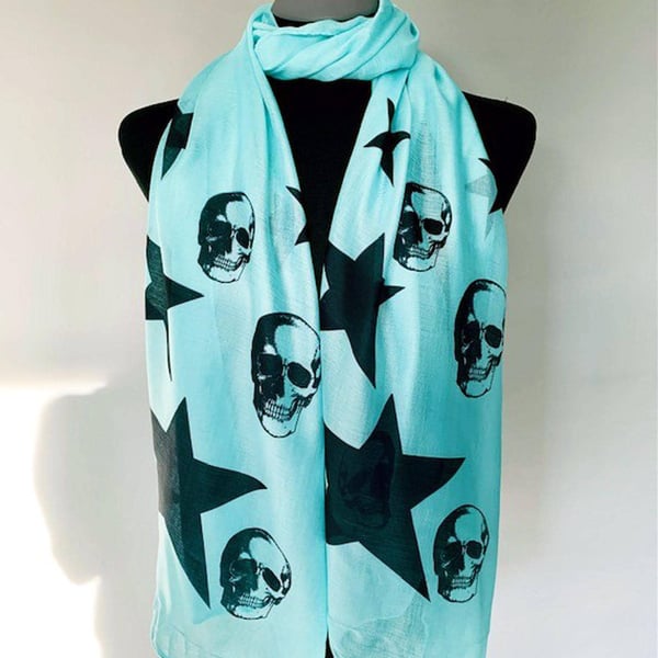 Skulls and Stars Scarf Gothic Punk Fashion Accessory. Aqua Green. Lightweight