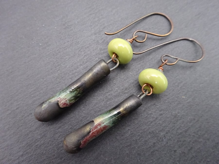 green lampwork glass and ceramic earrings