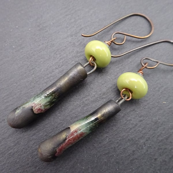 green lampwork glass and ceramic earrings