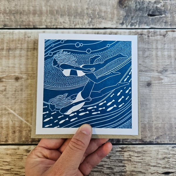 Flowing Friends- Single square greetings card inspired by wild swimming