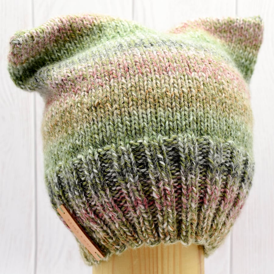 Hand Knitted kitty hat in green and pink - Toddler