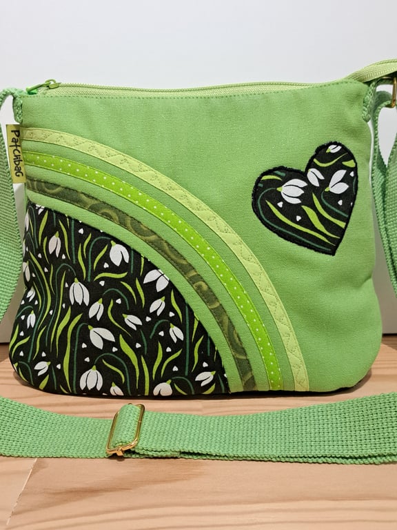 Small lime green handbag with snowdrops 