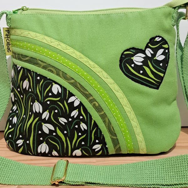 Small lime green handbag with snowdrops 