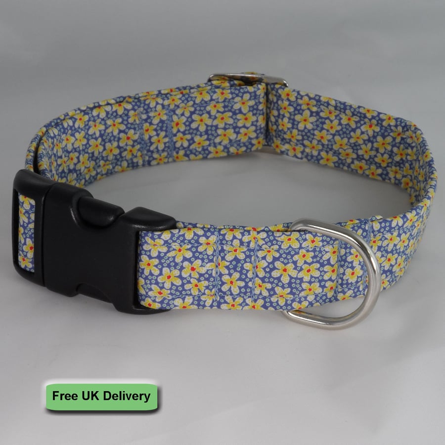 Handmade Liberty Fabric Dog Collar - Blue-Yellow Flowers 