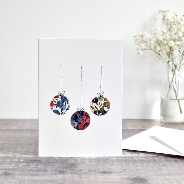 Liberty fabric Christmas baubles card, sewn Liberty fabric Christmas card