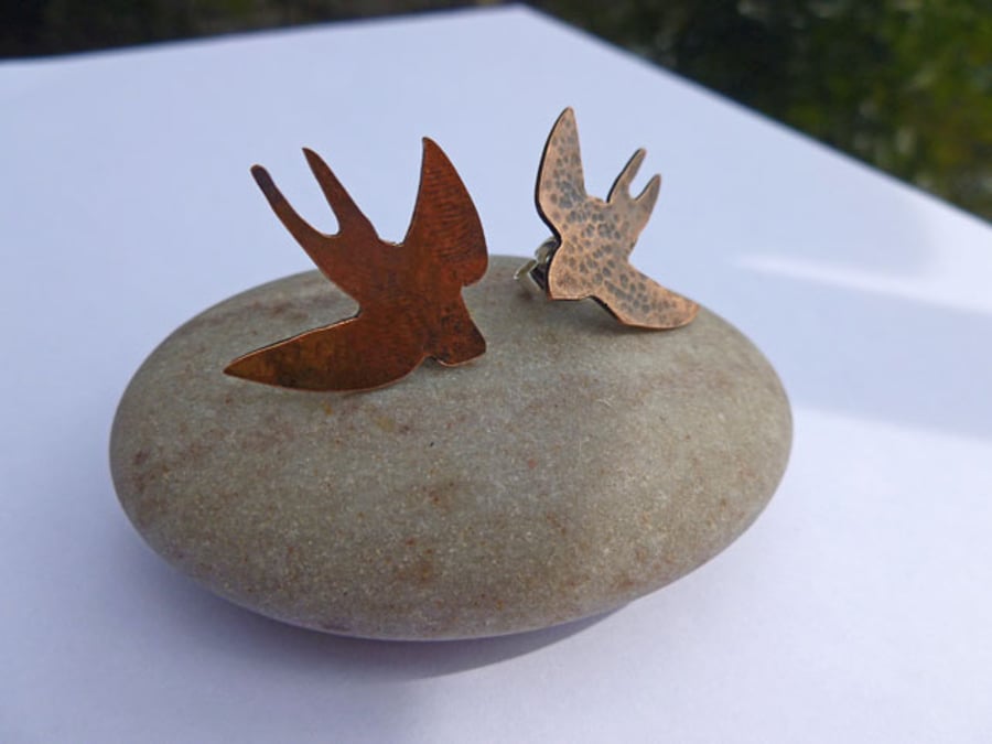 Copper Hammered Finish Swallow Earrings